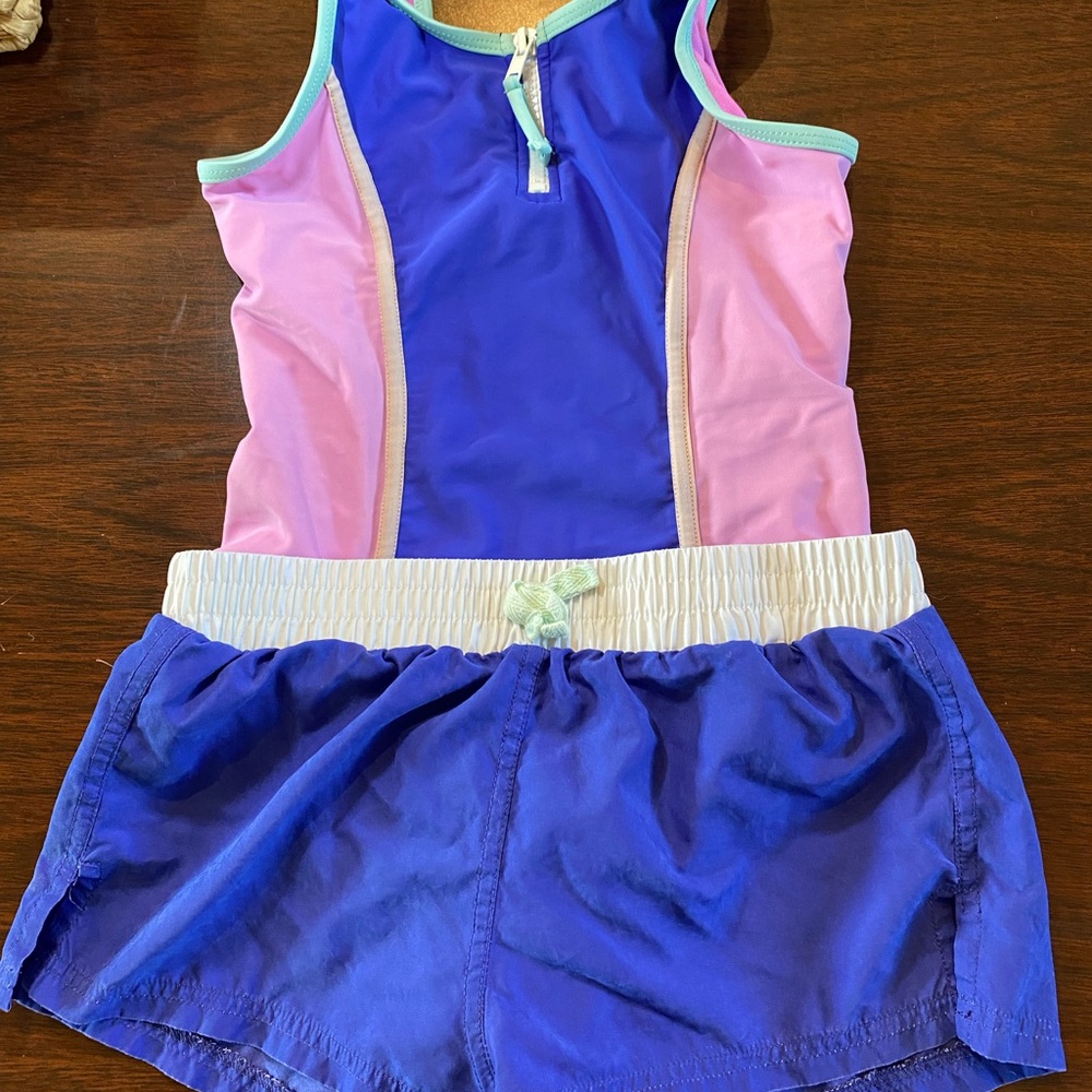 Blue and Pink One Piece Shorts Swim Set